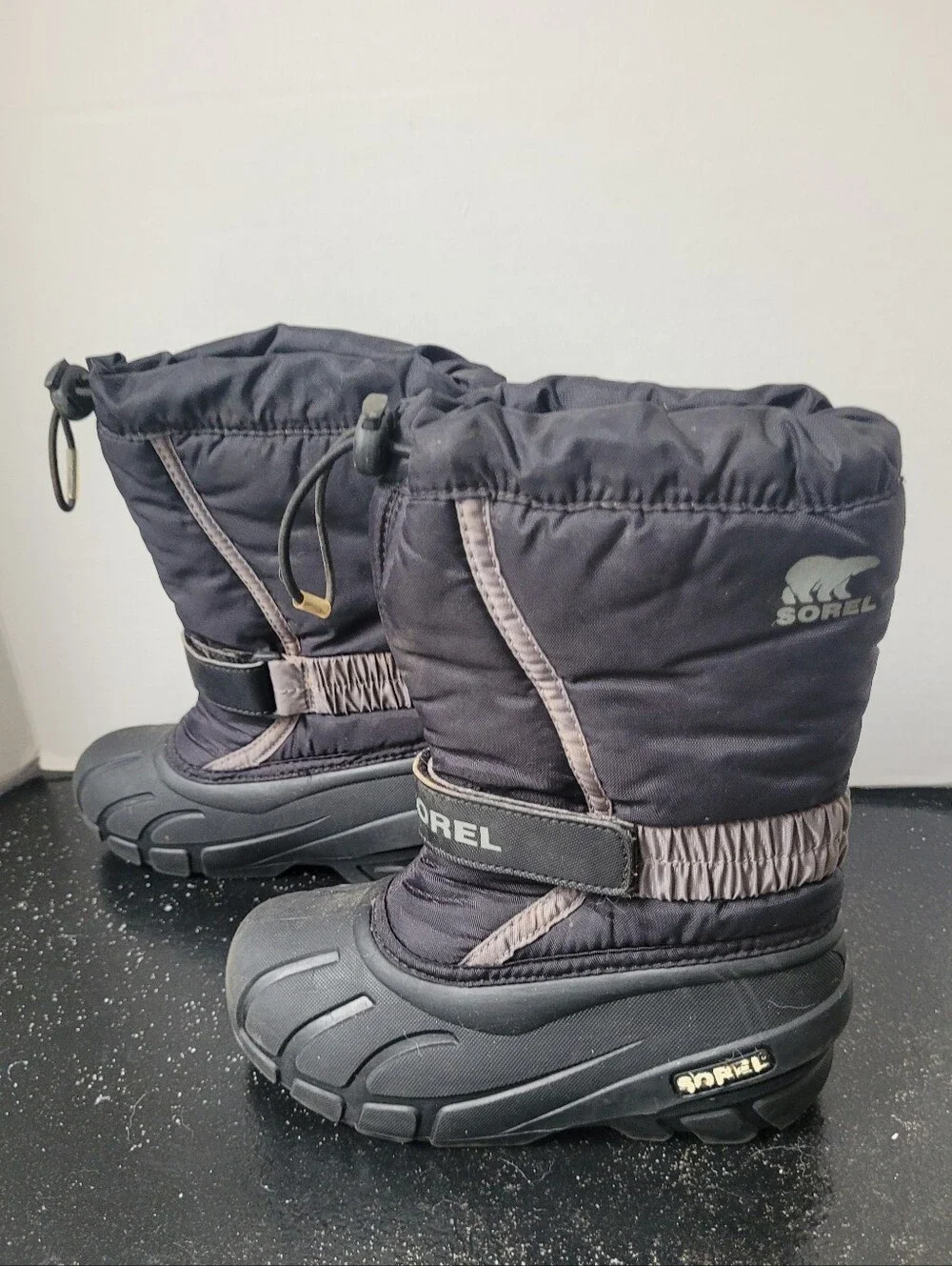 Sorel Black Kids Snow Boots with Drawstring Top and Insulated Inserts
